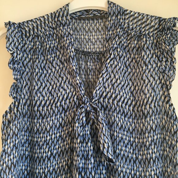 Sheer Blue Diamond Scale Bow Tie Up Ruffled Milk Maid Tank Top - Picture 3 of 14